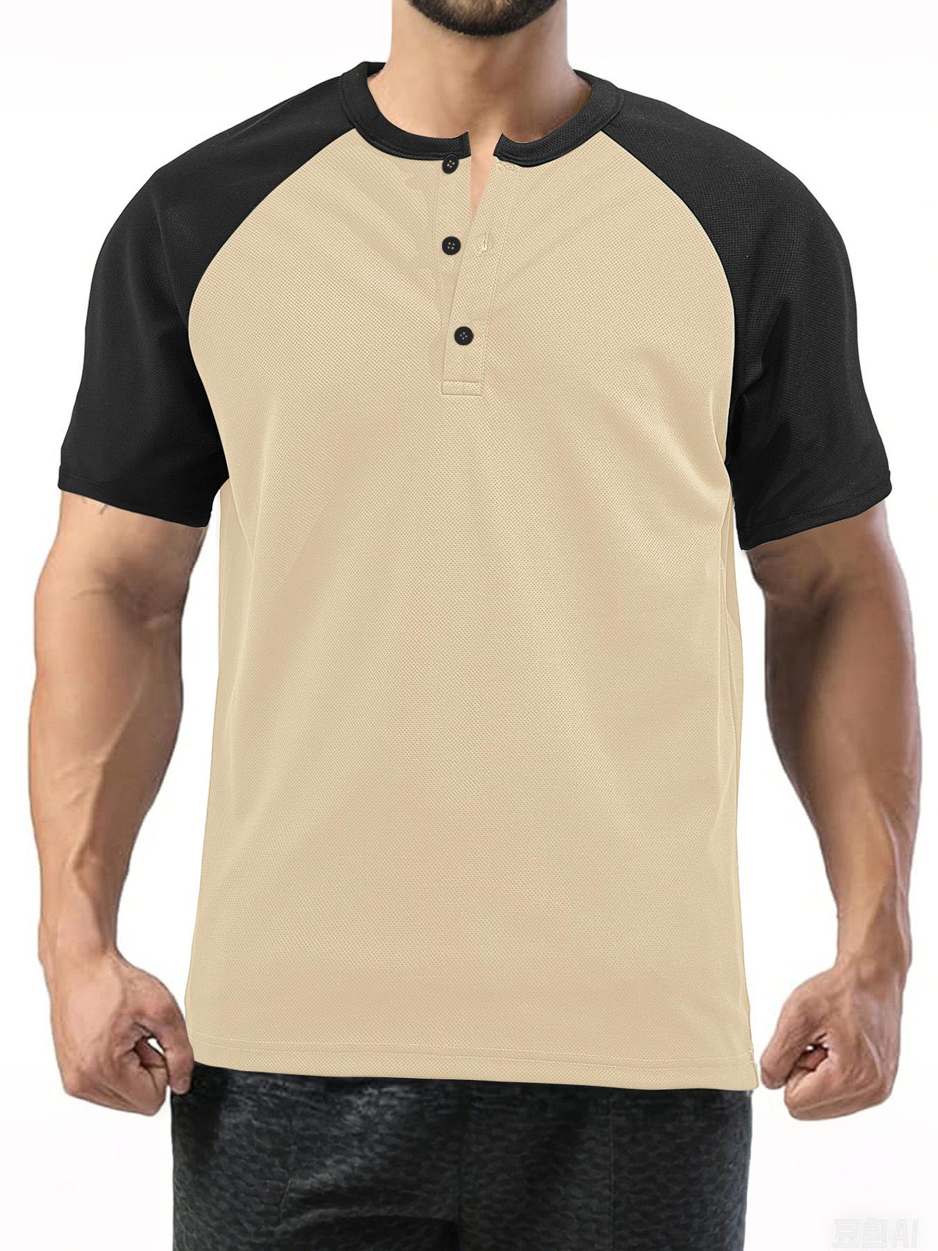 European and American men s spring and summer youth sports casual polo shirt moisture-wicking loose color matching short-sleeved Henry shirt S хаки XQWEwanticeAA