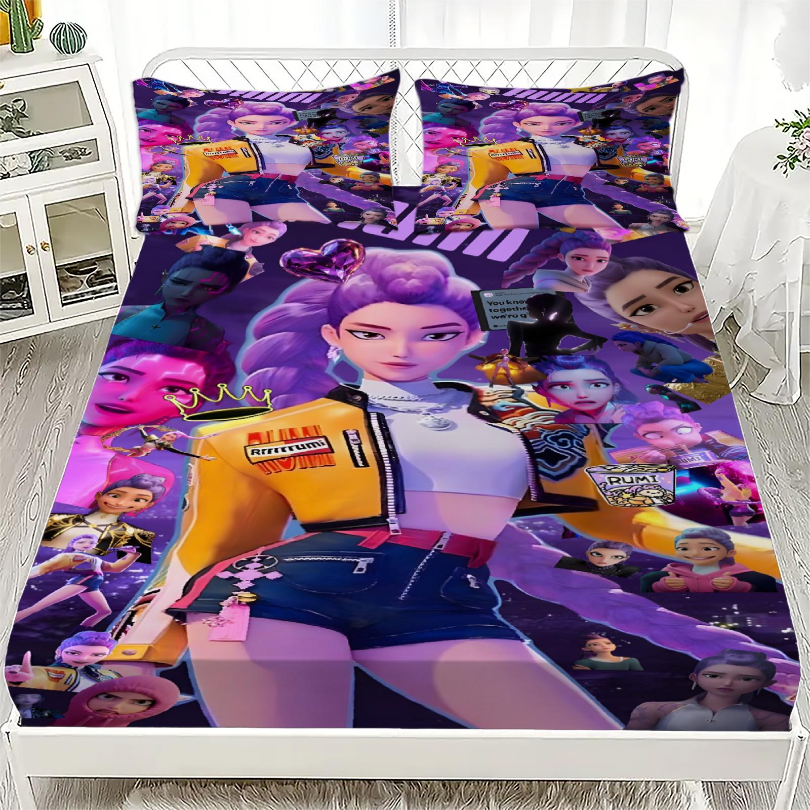 K-Pop D-Охотники на демонов Простыня на резинке от Personalized для домашнего декора, Настраиваемый DIY чехол на кровать с глубоким карманом и 2 наволочками 90x200x25cm 3pcs blue SH Boutique