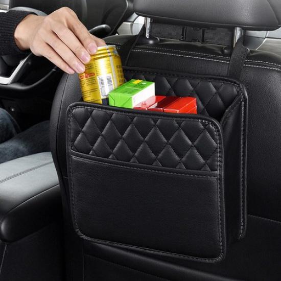 Car Seat Storage Bag Black PU Leather Hanging Pocket Car Interior Accessories black 16239703772