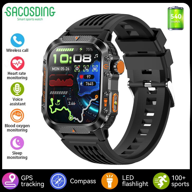 SACOSDING GPS Наручные смарт-часы для спорта с компасом, синий, Bluetooth-звонки, водонепроницаемые, фонарик, измерение пульса, напоминания о здоровье black SACOSDING Smart Watch