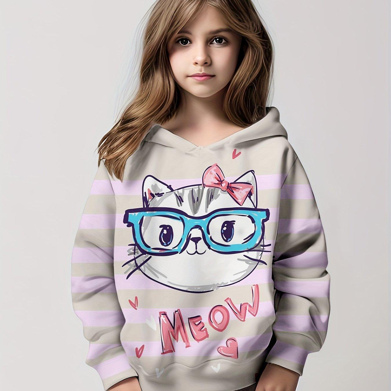 Толстовка с капюшоном Cat With Bow Graphic, универсальная, модная, с длинным рукавом, одежда для девочек 100 gray ETST 005