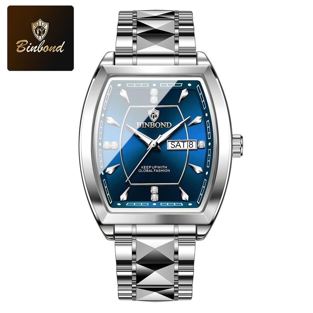 BINBOND Tonneau Dial Кварцевые Часы Для Мужчин Роскошные Алмазные Элегантные Нержавеющая Сталь Водонепроницаемые Светящиеся ТОП Бренд Мужские Наручные Часы серебряный/синий