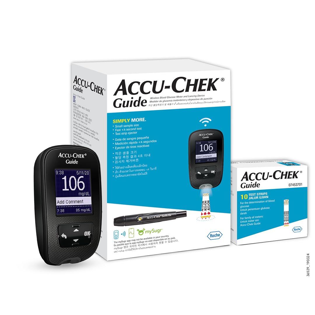 Глюкометр Accu-Chek Guide для измерения уровня глюкозы в крови (с Bluetooth-соединением) Набор с флаконом из 10 полосок, 10 ланцетов black VfmNew