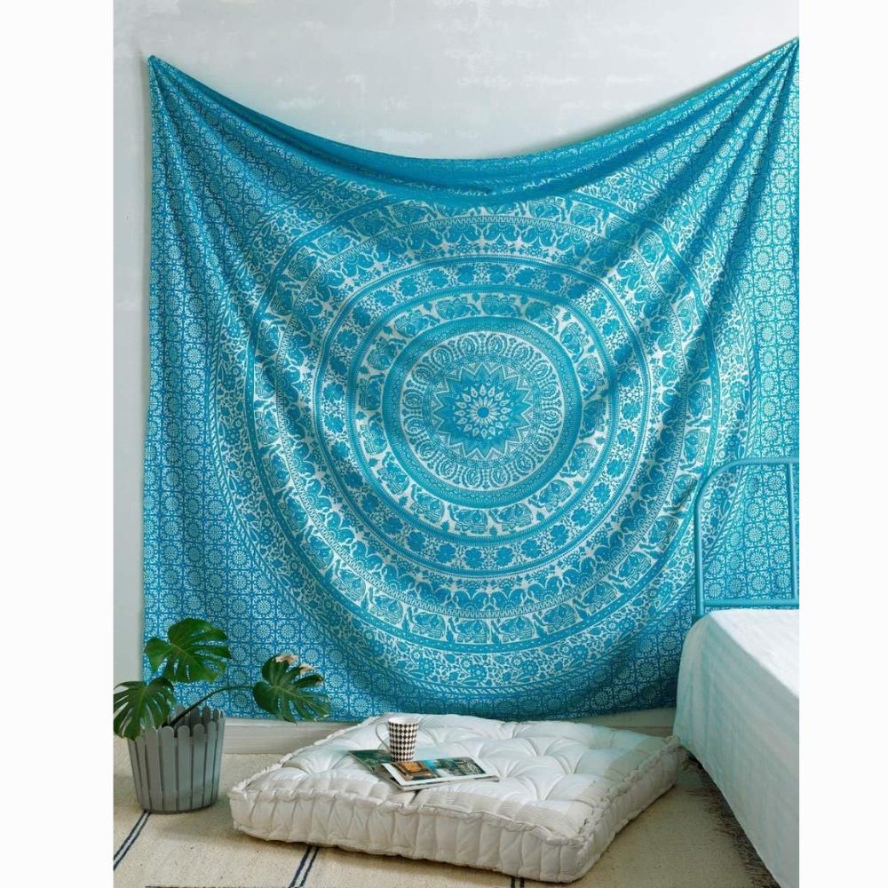 Bless International Handmade Индийский хиппи Богемный Психоделический Слон Мандала Настенный декор Постельное белье Гобелен (Бирюзовый Серебро) Poster blue