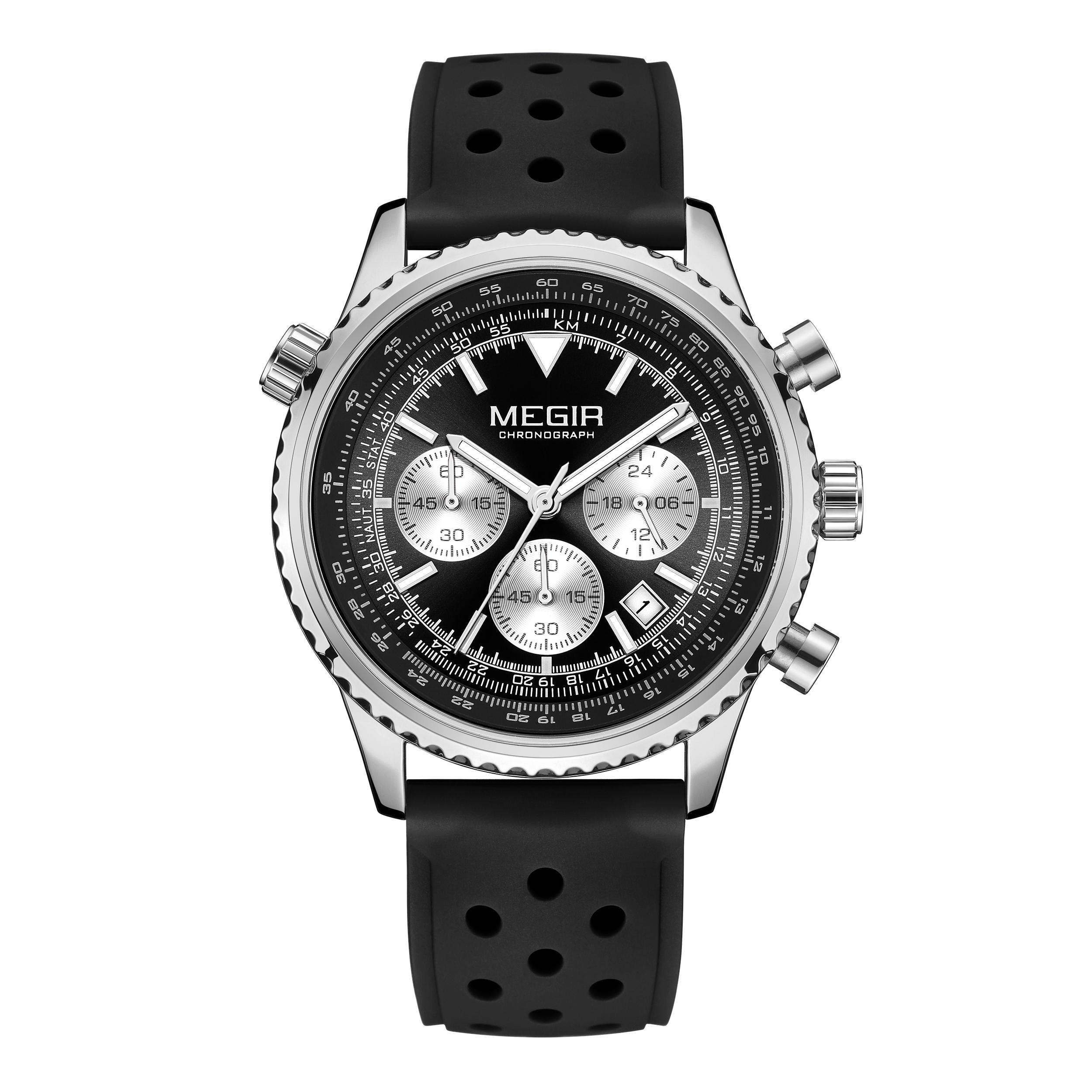 MEGIR Men s Watch Quartz Sport Chronograph Fashion Luminous Calendar Man Wristwatch 24-hour Silicone Strap Relogio Masculino 2236 чёрный