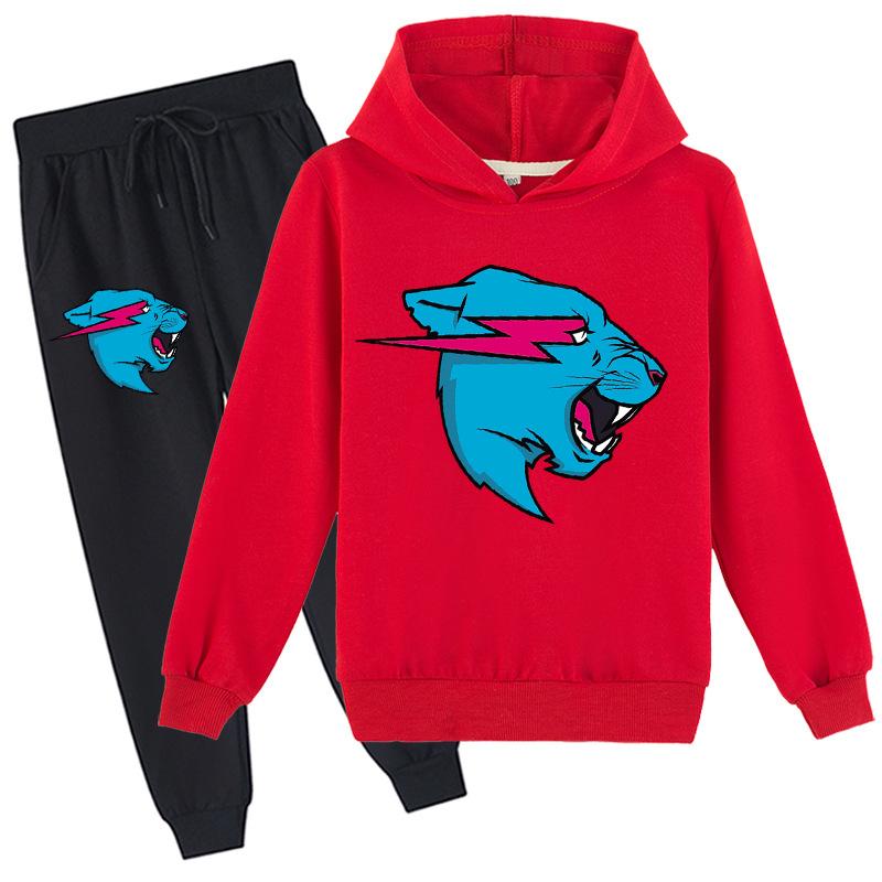 Модный детский свитер Mr Beast Lighting Cat для мальчиков, хлопковые комплекты с капюшоном и брюками 100 красный WQJ17EP01