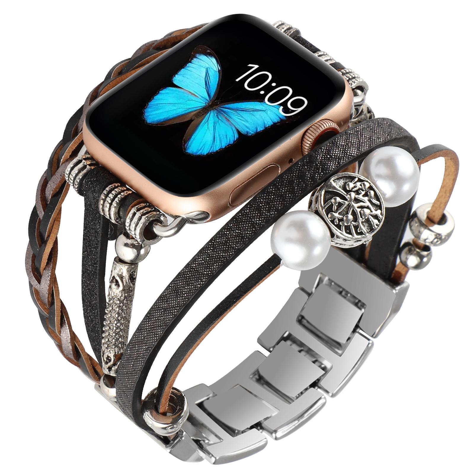 Ремешок для ювелирных изделий ручной работы для Apple Watch 45 мм 41 мм 44 мм 40 мм 49 мм 42 мм 38 мм Металлический кожаный ремешок iWatch Ultra 9 8 7 6 5 4 3 SE 42mm 44mm 45mm 49mm black Freesh