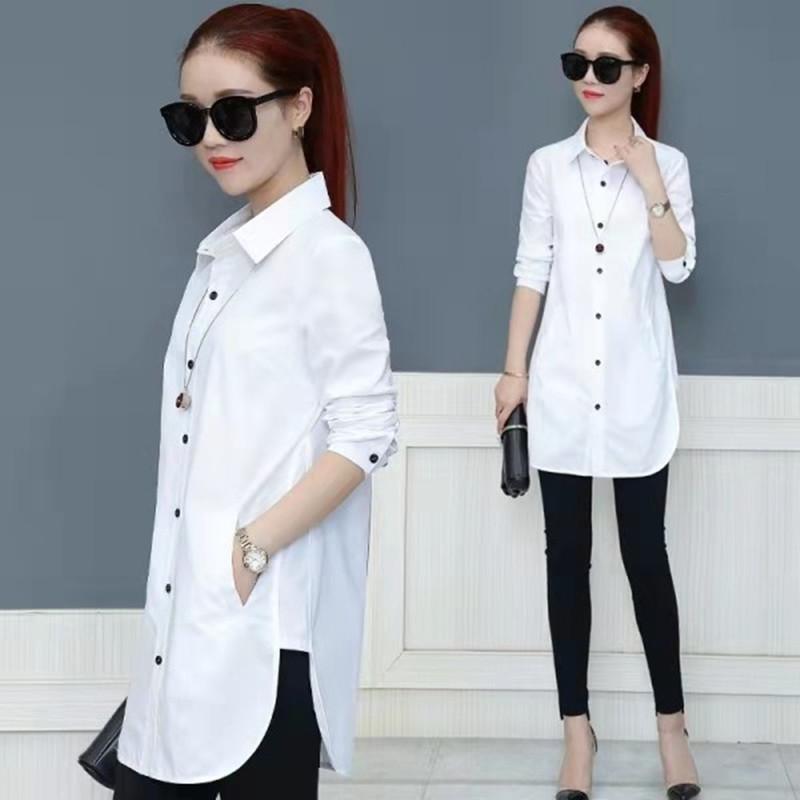 YYFS женские модные повседневные весенне-осенние однотонные рубашки-поло с длинным рукавом с принтом и воротником, блузки и рубашки M белый