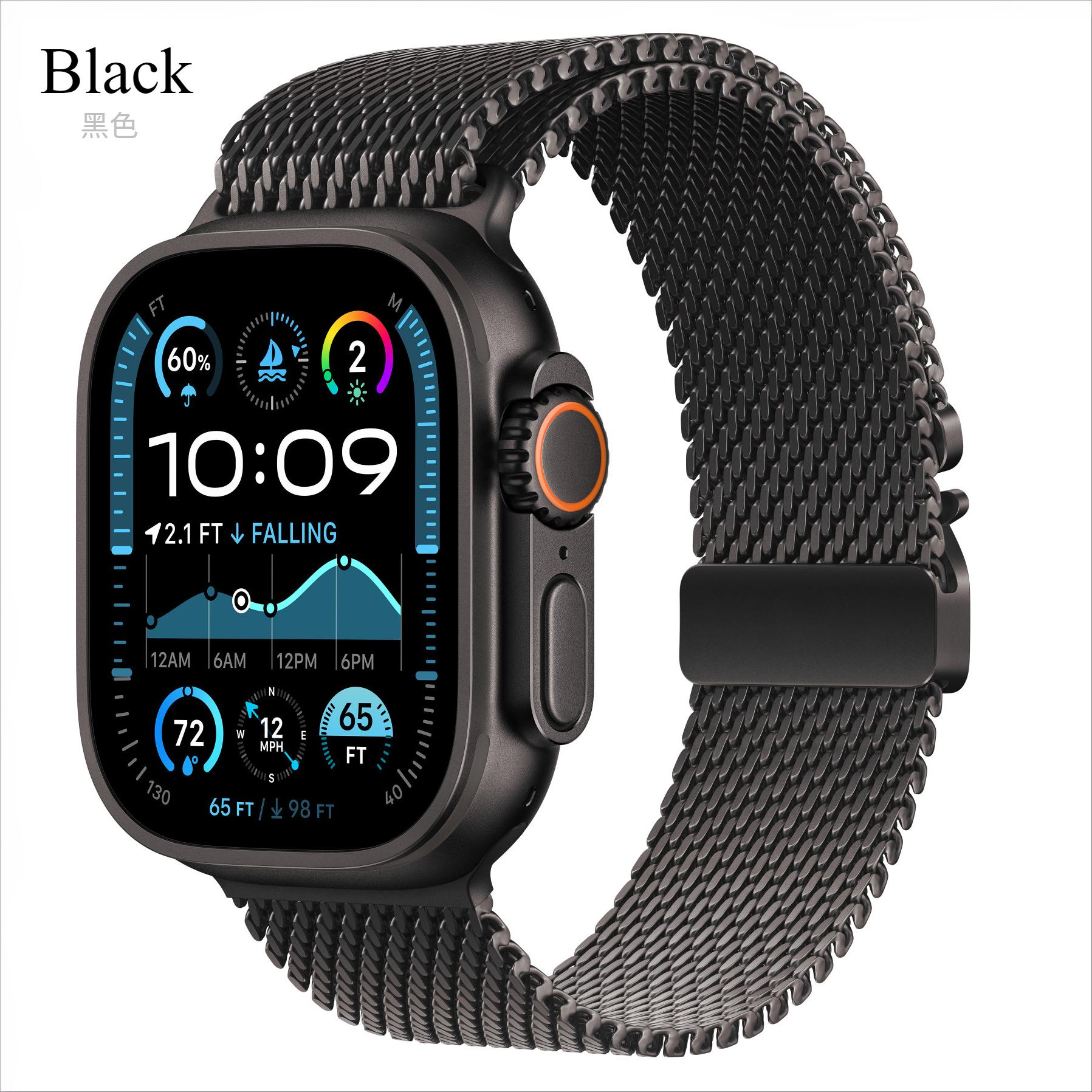 Миланский сетчатый титановый металлический ремешок для Apple Watch Ultra 2/3 49 мм, браслет для iWatch Series 10 9 8 7 6 5 SE 45 мм 44 мм 42 мм 42mm 44mm 45mm & Steel чёрный LULU-3C