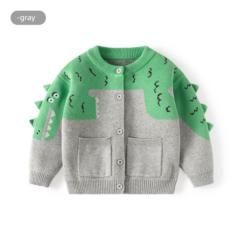 Детская одежда Для мальчиков с круглым вырезом Маленький динозавр Вязаный свитер Кардиган для малыша Весенний и осенний Детский свитер-пальто Gray Green-Bd833 110 blue TAOMall