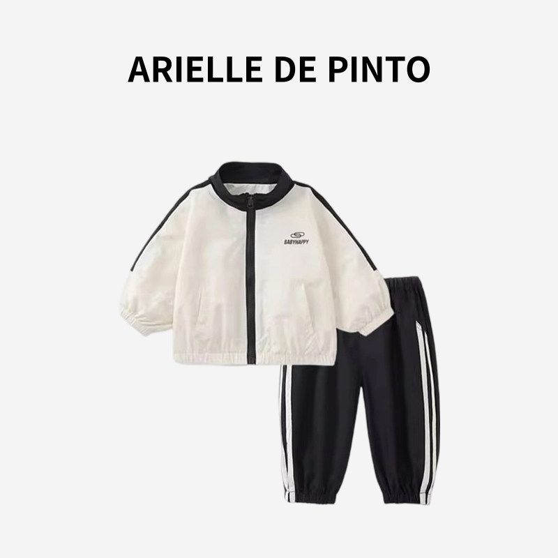 Французский осенний комплект для мальчика Arielle De Pinto, двухпредметный комплект в корейском стиле: бейсбольная куртка с воротником-стойкой и брюки Beige 73 white TAOMall