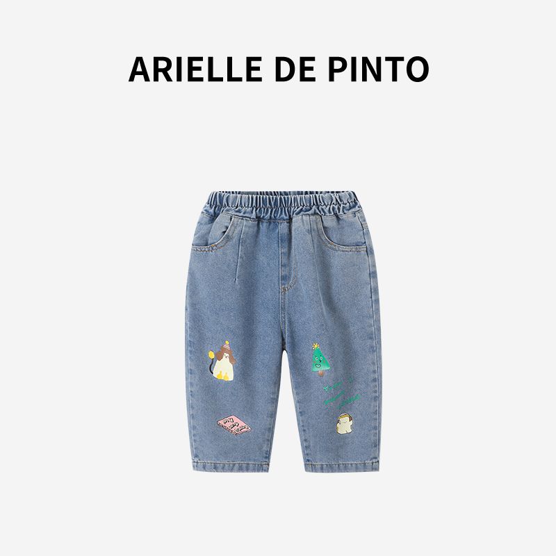 French Arielle De Pinto Girls  Cartoon Printed Jeans Summer Fashion Casual Sweet Straight Pants Blue 90 gray TAOMall