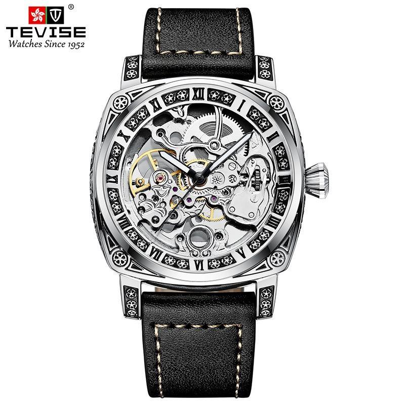 TEVISE Watches for Man Square Retro Mechanical Watch Self-Wind Carved Skeleton Automatic Watches Vintage Leather Strap Wristwatch Leather серебряный