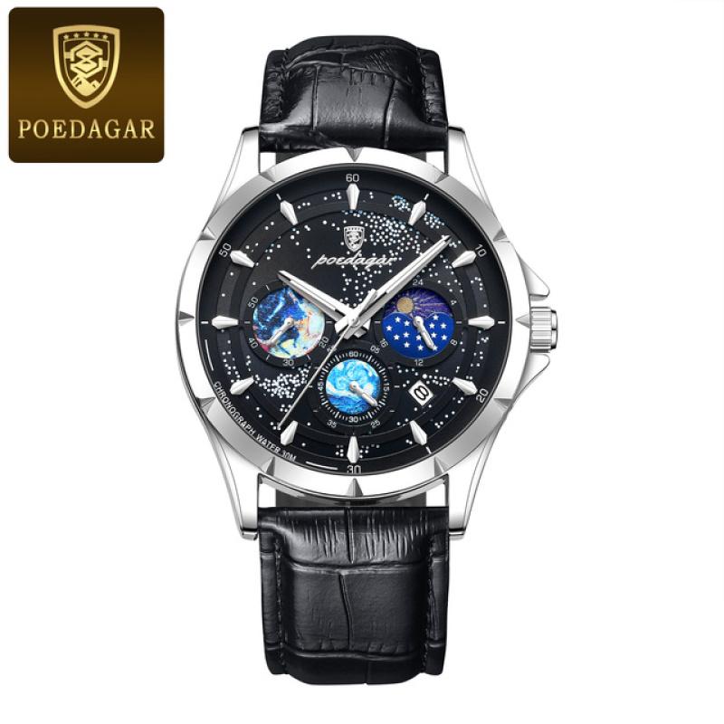 POEDAGAR Роскошные мужские наручные часы Starry Sky Dial с люминесцентным водонепроницаемым хронографом и датой из нержавеющей стали, кварцевые часы чёрный/серебряный