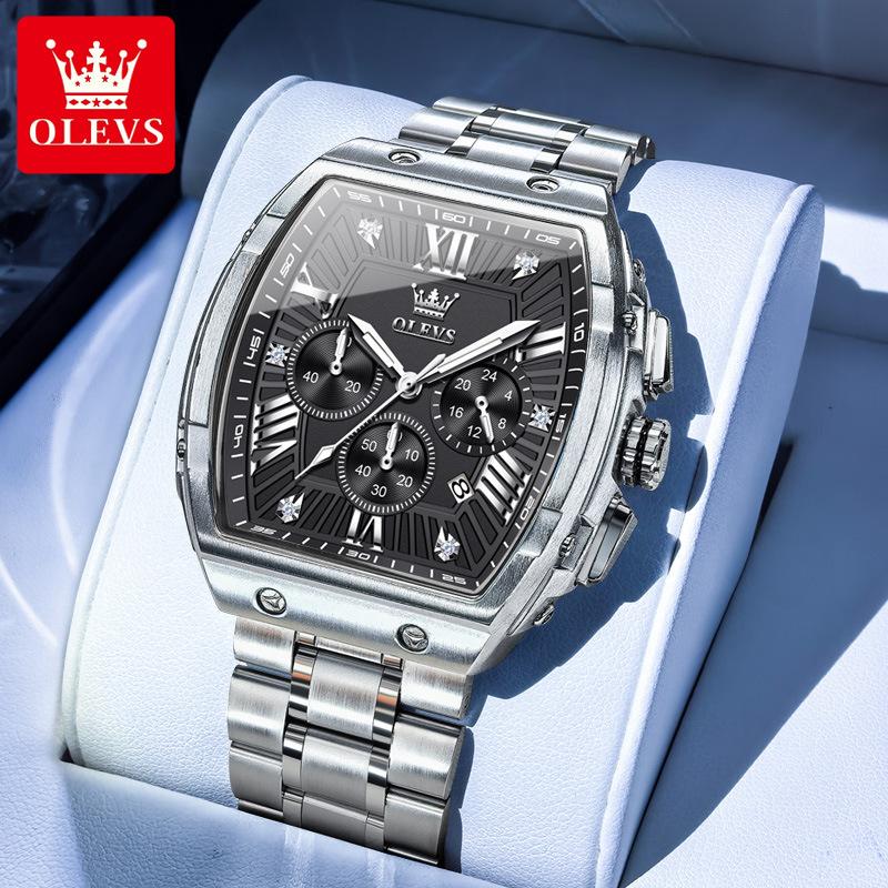 OLEVS Tonneau Watch Men Luminous Waterproof Date Stainless Steel Chronograph Quartz Watches for Men серебряный/чёрный
