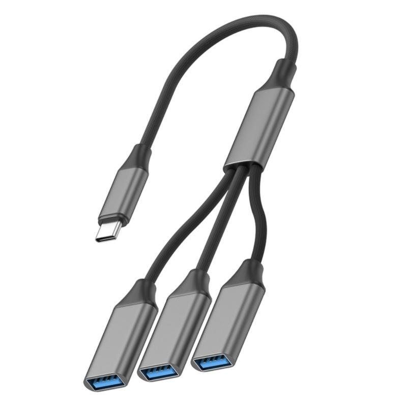 USB C концентратор на 3 порта USB 2.0 Адаптеры OTG Плетеный кабель Передача данных для телефона, планшета, ноутбука Зарядка нескольких устройств gray 666