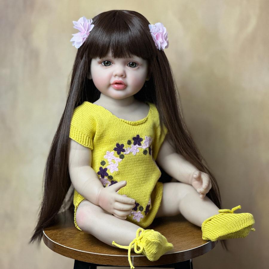 BZDOLL 55 см 22 дюйма Реалистичная кукла-реборн для девочки Полный винил Длинные каштановые волосы Принцесса Малышка Бебе Рождественский подарок vinyl body doll gray BZDOLL Reborn