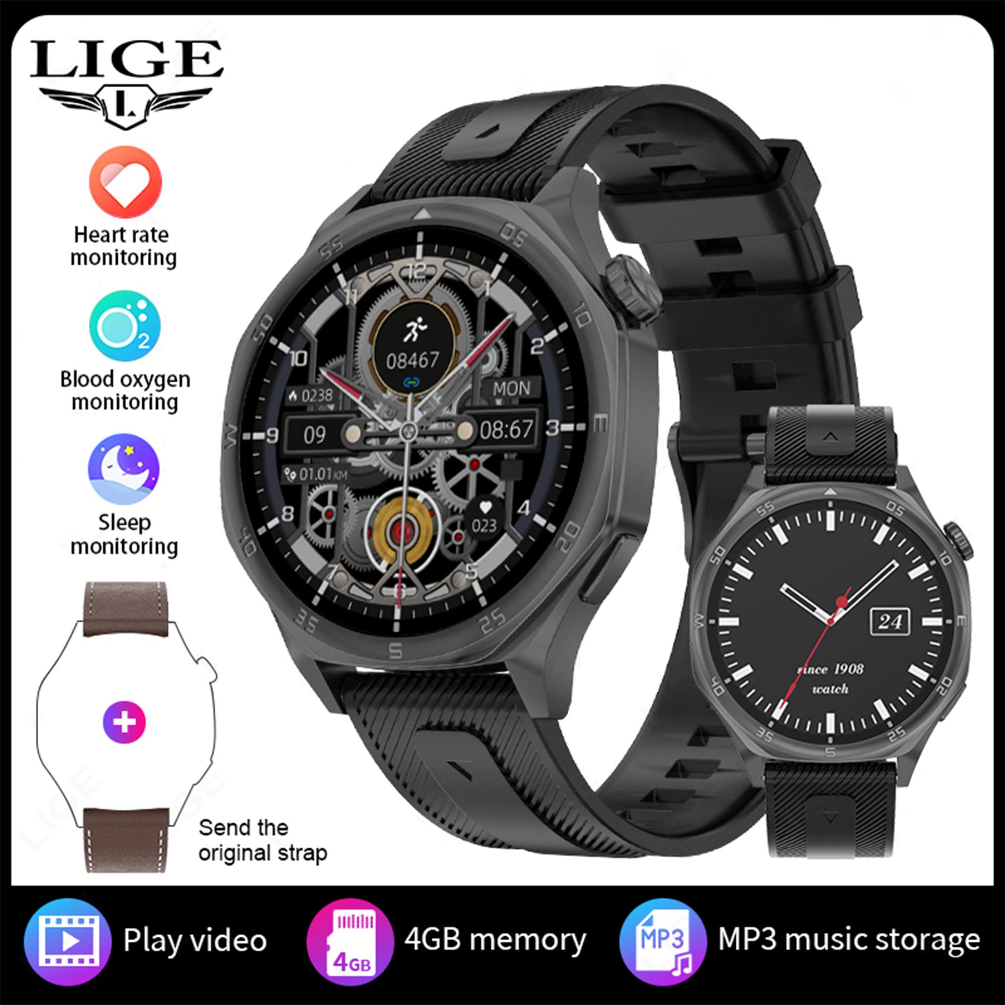LIGE Новые Умные Часы 4 ГБ Большой Памяти Bluetooth-вызов Мужские Умные Часы Для Активного Отдыха Спорт Обнаружение Состояния Здоровья Водонепроницаемый Умный Браслет silicone strap чёрный
