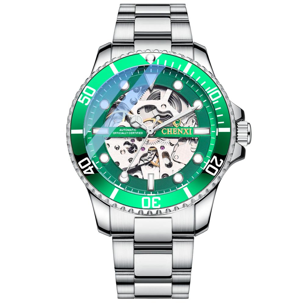Мужские часы Hollow Automatic Mechanical Watch Часы мужские стальной браслет деловые модные наручные часы зелёный Chenxi
