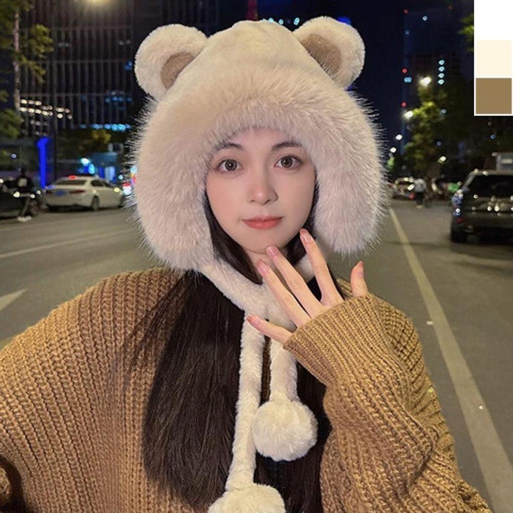 Шапка с помпоном в виде плюшевого мишки, ремешок, зимняя теплая, с наушниками beige Mayfashion