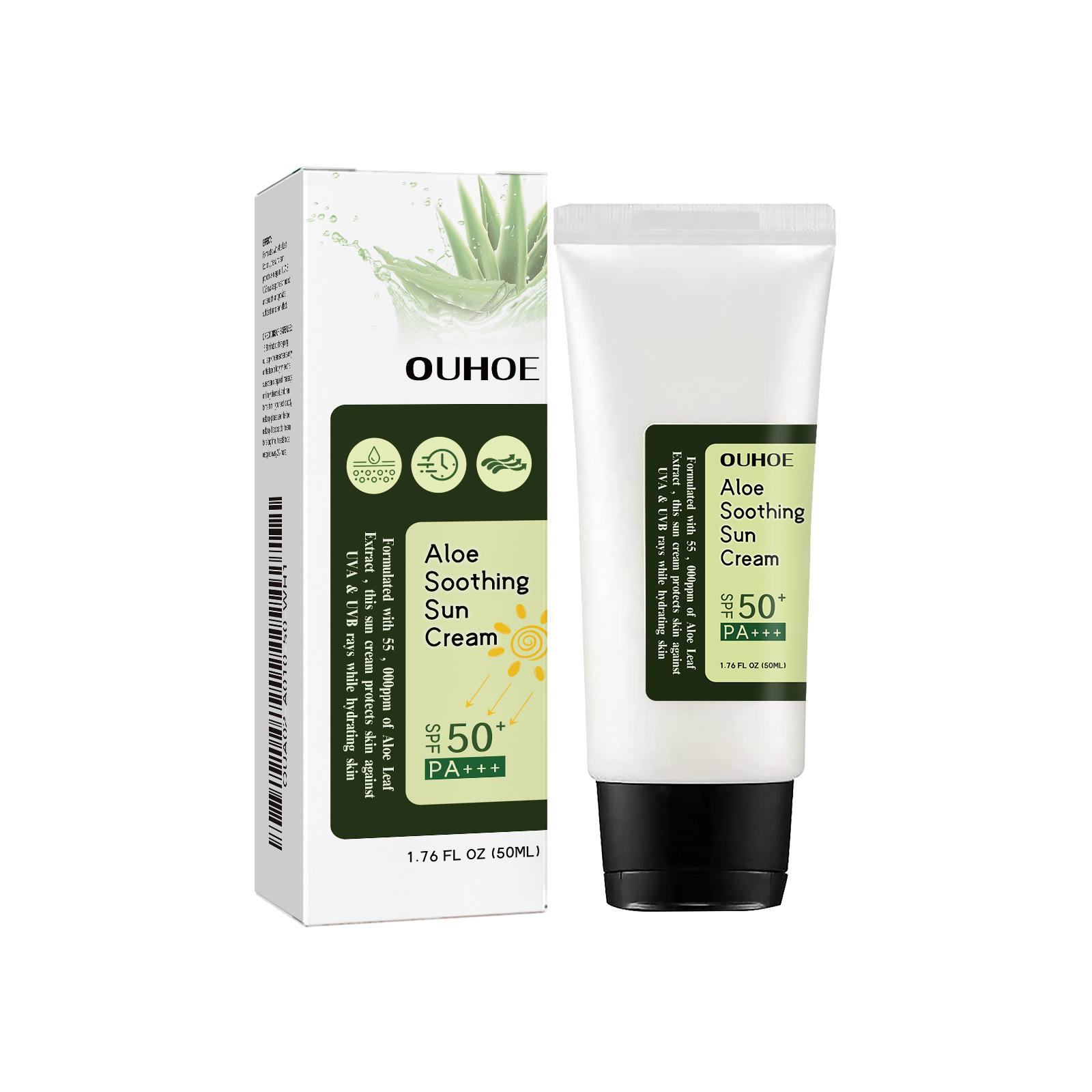 OUHOE Успокаивающий солнцезащитный крем с алоэ SPF50+ PA+++ - Увлажняющий солнцезащитный крем для лица и тела, защита от УФ-излучения с алоэ вера, Увлажняющий солнцезащитный крем 50 мл white