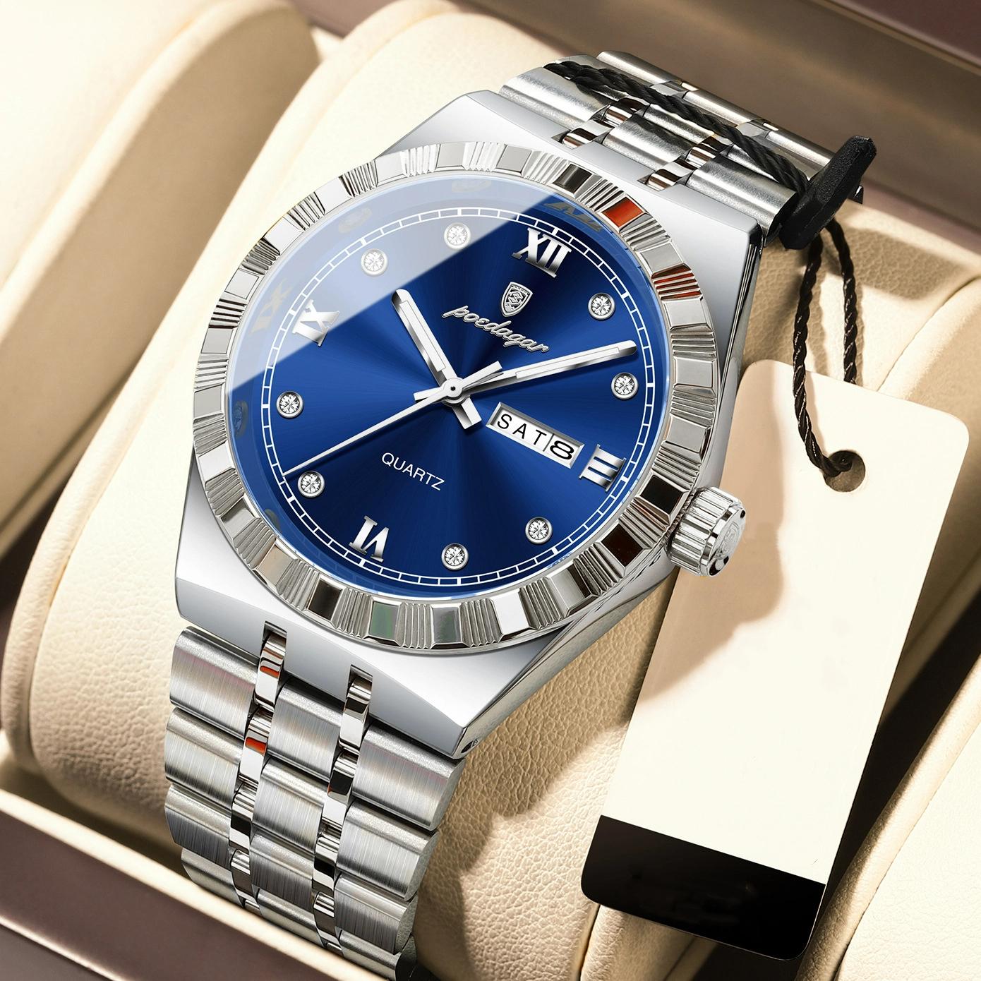 POEDAGAR Luxury Brand Men s Watches Waterproof Stainless Steel Luminous Watch Men Week Date Fashion Male Quartz Wristwatch серебряный/синий