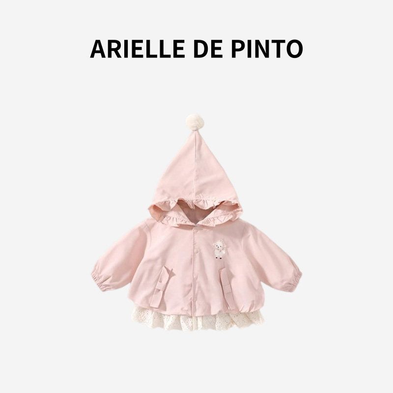 Французский наряд для девочки Arielle De Pinto Ранняя осень Куртка Корейский стиль Милый Мультяшный Кружевной Ветровка с капюшоном Pink 80 white TAOMall