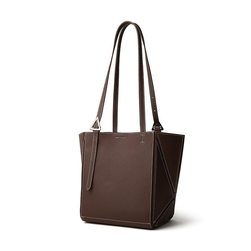 Autumn and Winter New Amazon Cross-Border Hot-Selling Top Layer Cowhide Tote Bag Genuine Leather Geometric Bag Deformable Single Shoulder Large Bag 20*16*25Shrink Bag Openin шоколадный TownsonFun