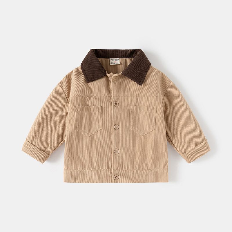 Spring and Autumn Simple Retro Children s Color-Block Corduroy Lapel Jacket Loose Solid Color Cardigan Top for Boys and Girls Kakh 120 beige TAOMall