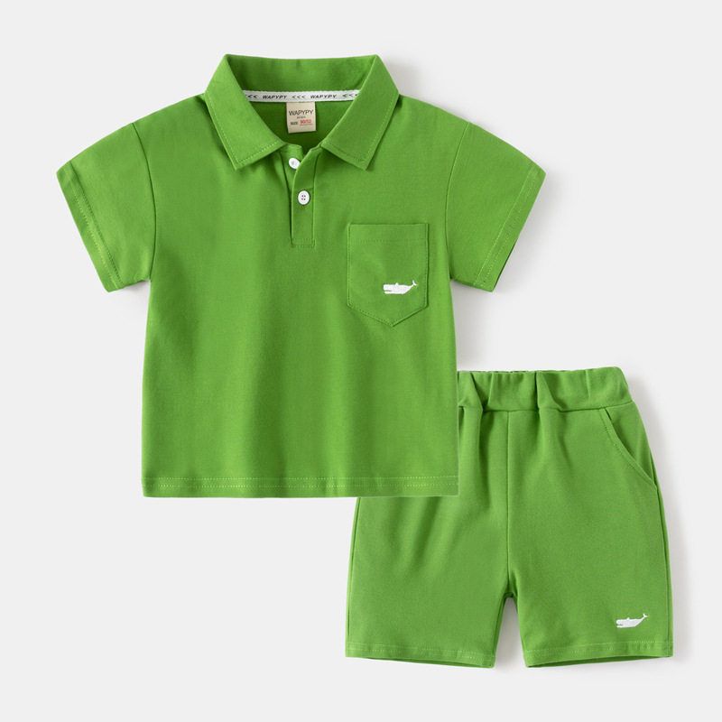 Children s Short-Sleeved Suit Summer K-style Boys Pure Color Polo Tops Fifth Pants Two-piece Set Baby Lapel Clothes Green 120 green TAOMall