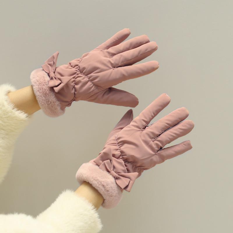 Студенческие женские зимние велосипедные перчатки-бантики утолщенные непродуваемые милые зимние перчатки бархатные теплые One size beige A fashionable clothing