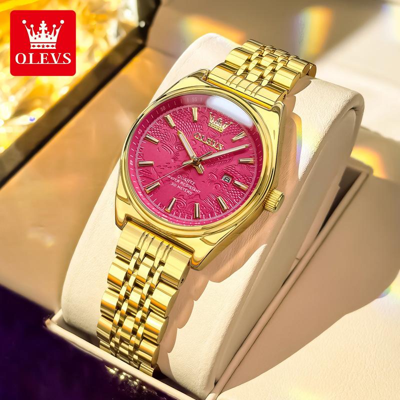 OLEVS Watches Woman Elegant Quartz Watch Waterproof Luminous Stainless Steel Date Watches Woman Bracelet Gifts красный