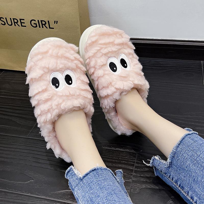 Fashion Cotton Slippers for Women New 2024 Autumn Winter Indoor Non-slip Home Warm Home Slides Ladies Cute Big Eyes Fur Plush Slippers 36-37 розовый Luxe Closet