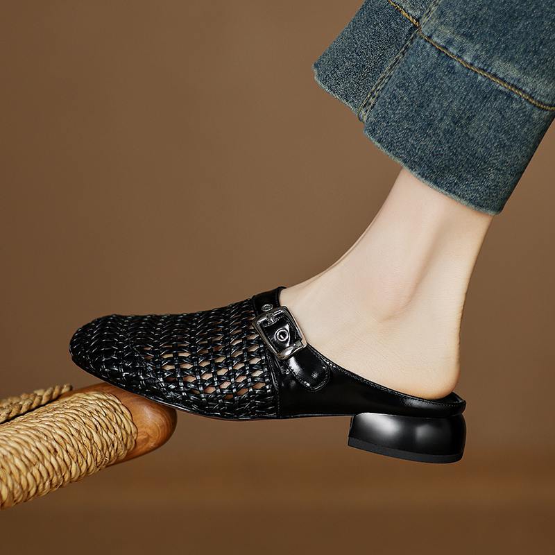 Krazing Pot Microfiber Mules Weaving Spring Summer Size 41 Thick Low Heels Women Round Toe Hollow Decoration Outside Slippers 35 чёрный