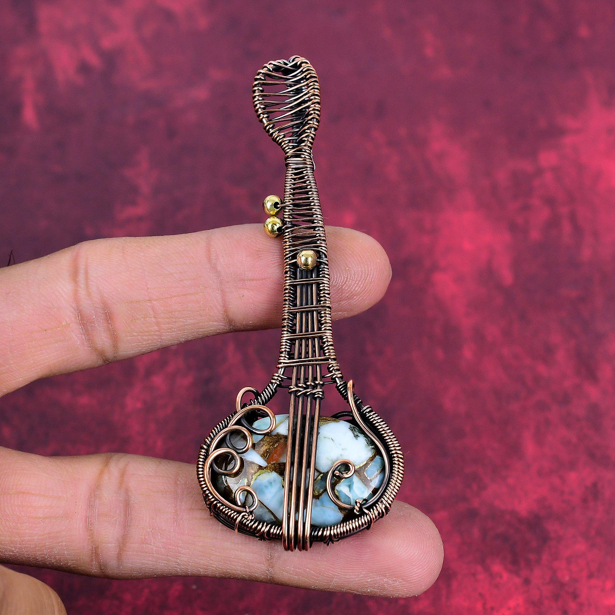 Copper larimar pendant copper wire wrapped jewelry guitar gemstone pendant copper wire wrap pendant handmade unique jewelry gifts for mother pink