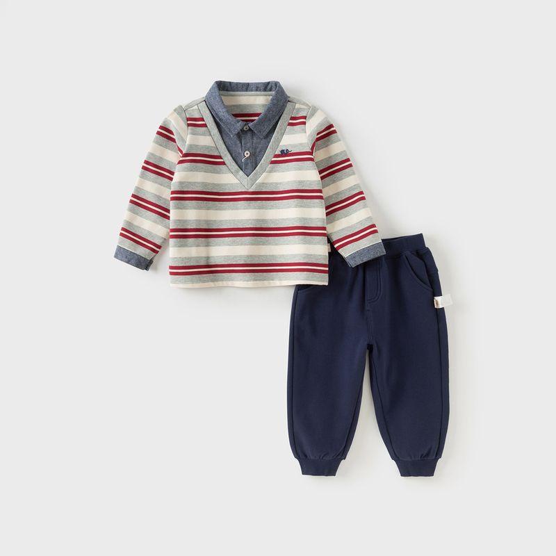 David Bella Children s Striped Long Pants Set 2026 New Boys  A-Class Gentleman Style Top Two-Piece Spring Outfit Red and White Stripes [Ready in Stock] 90 gray TAOMall