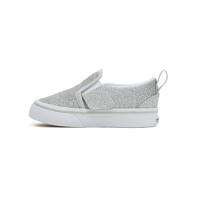 Vans Slip-On V Детские Кроссовки с Блестками - Серебристые Малыш True-White VN000UBSX1K 19 white