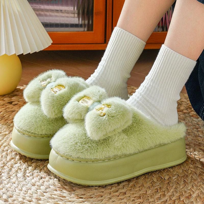 Тапочки-сабо розового цвета с меховыми шлепанцами женские домашние кавайные мюли с бантом женские зимние пушистые домашние тапочки на платформе 6 см женские 36-37 зелёный Foot Living
