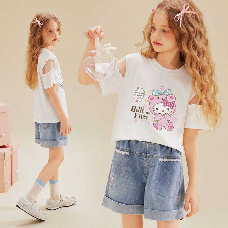 Hellokitty Girls Summer Suit 2025 New Mesh Splicing Cut Out Short-Sleeved Girl Shorts Two-Piece Set White 110 beige TAOMall