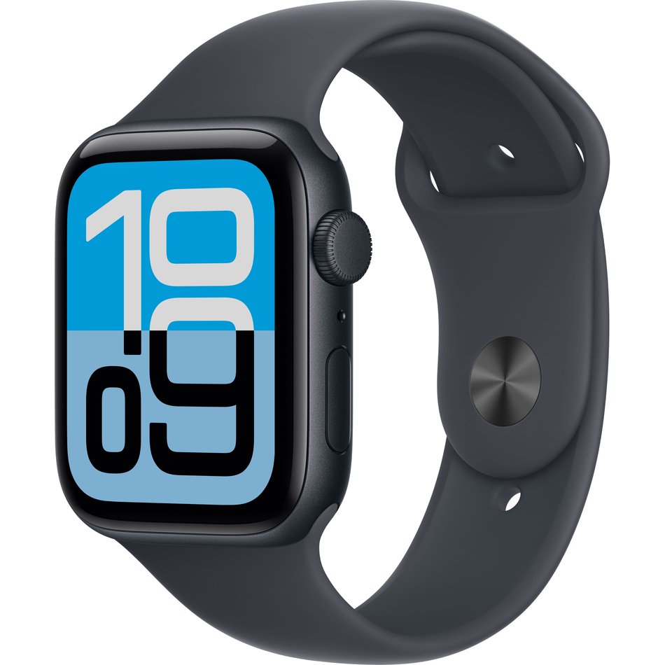 Умные часы Apple Watch SE (2025) 44 мм алюминиевый корпус «Полночь», с чёрным спортивным ремешком