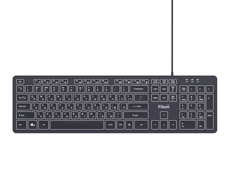 Клавиатура Filum FL-KB25-BK USB 104 кл., проводная, низкопрофильная, мембранная, LED, черная, с подсветкой 3 уровня, Windows XP/Vista/7/8/10, MacOS