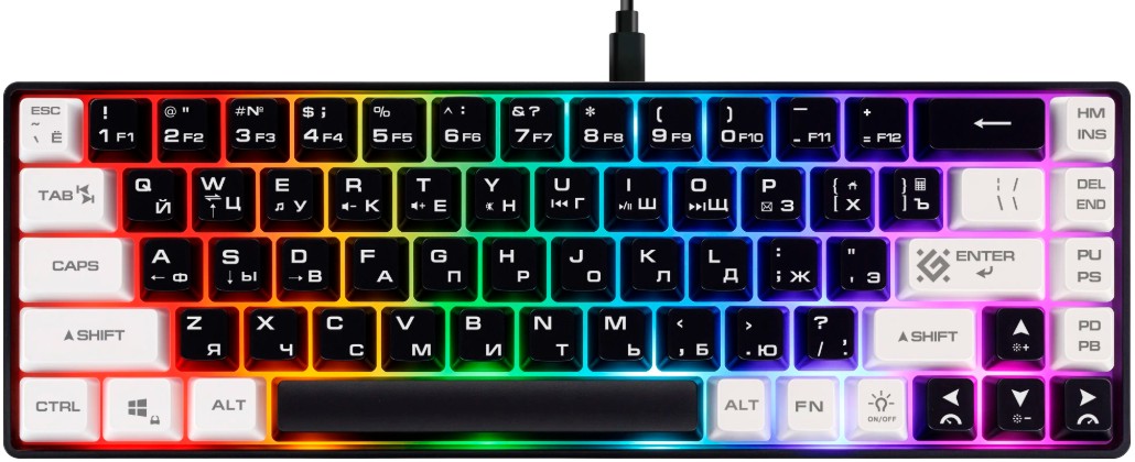 Клавиатура Defender Aris GK-349 RU 45344 черн/бел, 68кн+FN, радуж, 1.5м