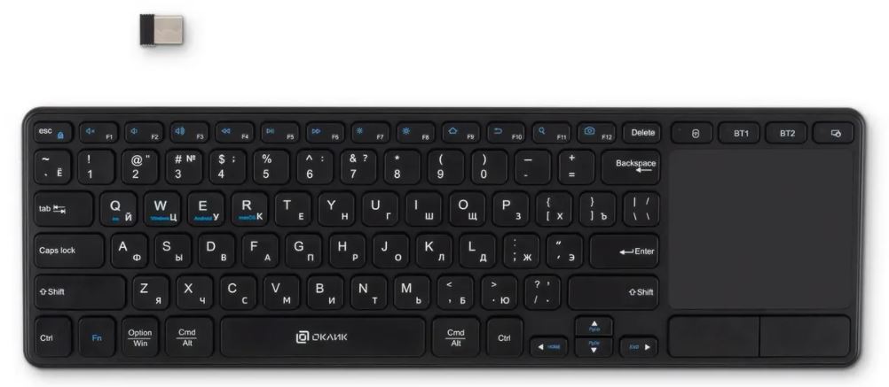 Клавиатура Wireless Oklick K614W 1979327 черная, USB, slim, Multimedia Touch, 85 кл