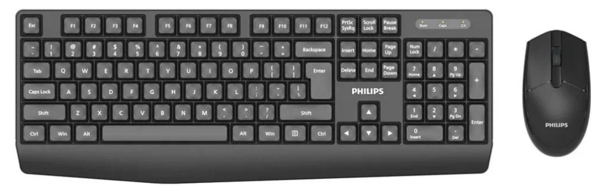 Клавиатура и мышь Wireless Philips SPT6337 2.4 GHz 104 клав/3 кнопки, 1600dpi, русская заводская раскладка, чёрный SPT6337B/60