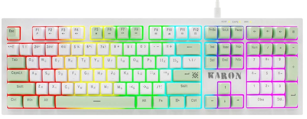 Клавиатура Defender Karon GK-129 45129 проводная игровая RU, бел/зел, 108кн+FN, радуж, 1.5м