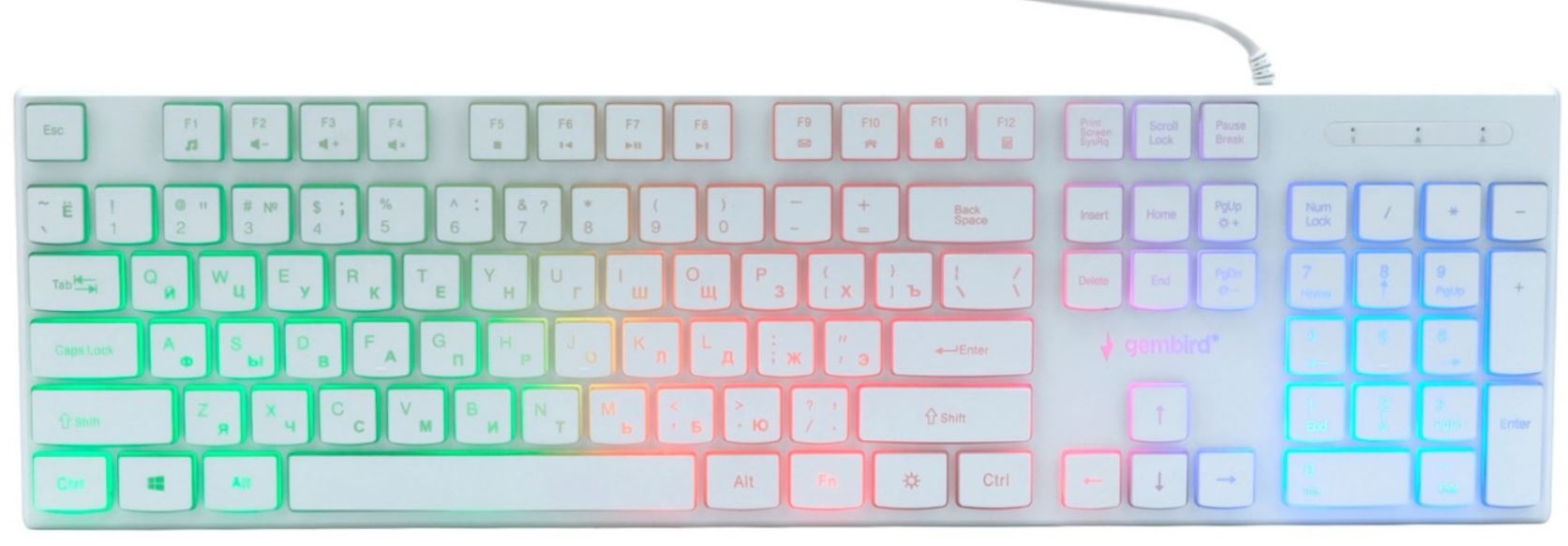 Клавиатура Gembird KB-250L-W игровая, 104кл, 12Fn, Rainbow, низкий профиль, 1.5м, белая