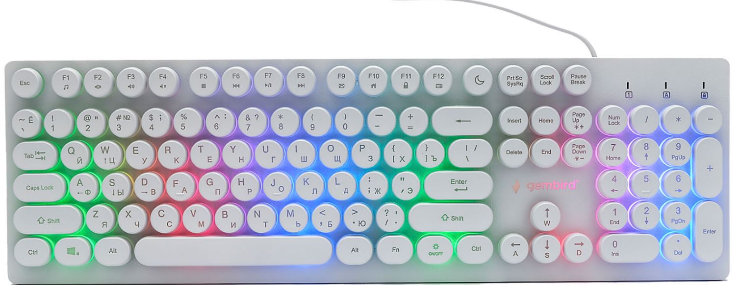 Клавиатура Gembird KB-240L-W игровая, 104кл, 12Fn, Rainbow, круглые клавиши, 1.6м, белая
