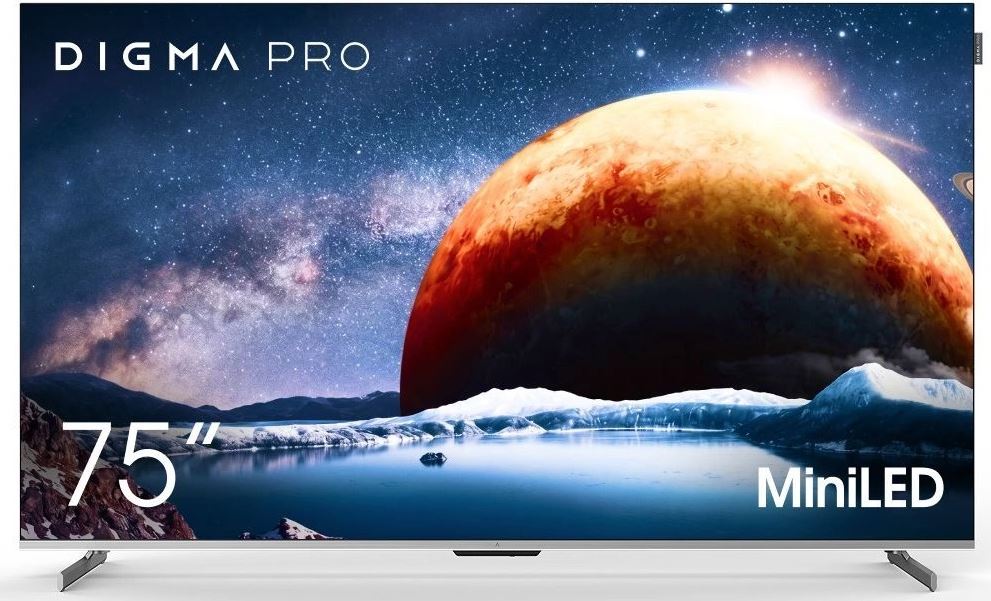 Телевизор Digma 2148960 Pro 75" Mini LED 75Q Google TV Frameless серебристый/серебристый 4K Ultra HD 144Hz MEMC DVB-T DVB-T2 DVB-C DVB-S DVB-S2 USB Wi