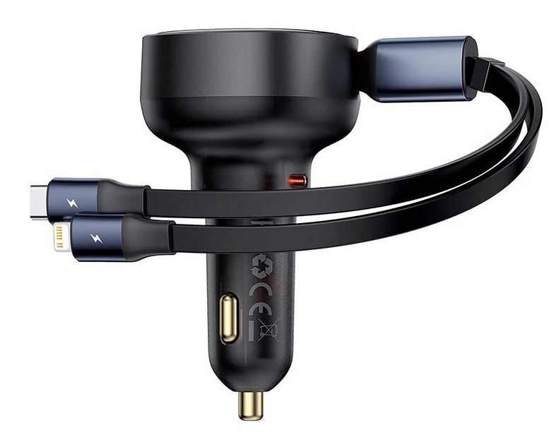 Зарядное устройство автомобильное Baseus C00057802111-00 Enjoyment Pro C+Retractable C & Lightning Cable 60W Cluster Black (быстрая зарядка, 0.7м, DC1