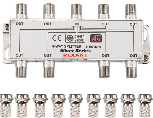 Сплиттер Rexant 05-6105 ТВ х 8 + 9шт. F "BOX" 5-1000 МГц "Silver"